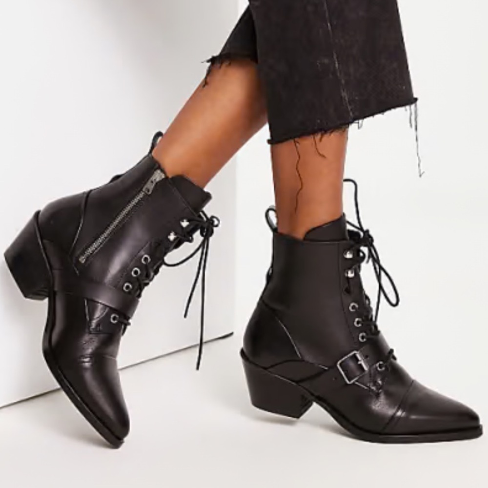 All Saints Katy Black Lace-Up Heeled Ankle Booties Size 41